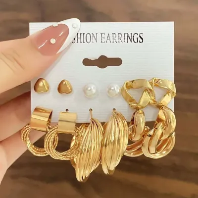 Vintage Gold Design Pearl Stud Earrings ( 6 Pairs )